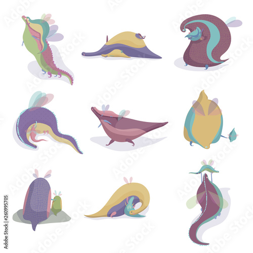 Collection of magical dragons with children. Vector illustration.