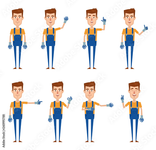 Set of auto mechanic characters showing different hand gestures. Cheerful worker showing thumb up, pointing up, this way, greeting, waving, victory hand. Flat style vector illustration