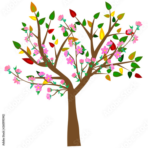 Colorful spring tree with butterflies. Vector beautiful blooming spring tree  a crown consists only of the flowers of different colors  shapes and sizes
