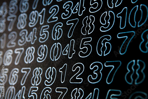 Background of numbers. from zero to nine. Numbers texture. Currency symbols. Numerology. Mathematical equations and formulas © romeof