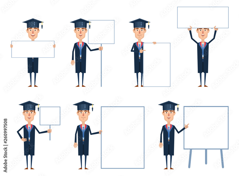 Set of graduate student characters posing with different blank banners. Cheerful graduate holding poster, paper, placard, pointing to whiteboard, teach, promote, advertise. Flat vector illustration