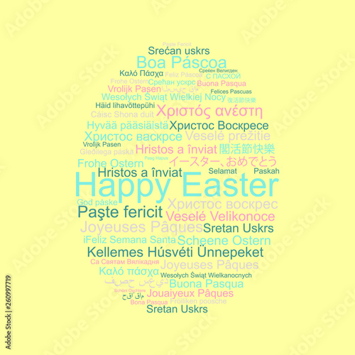 Happy Easter in different languages in egg, word tag cloud, vector