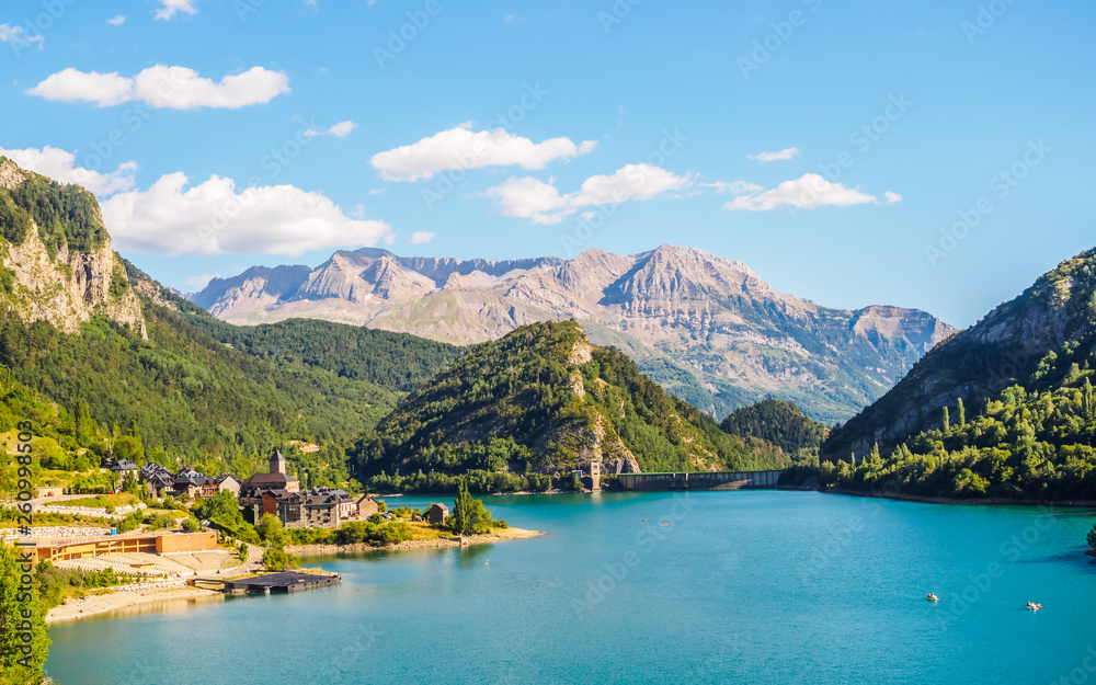 Lanuza village in spanish Pyrenees, landscape mountais and lakes