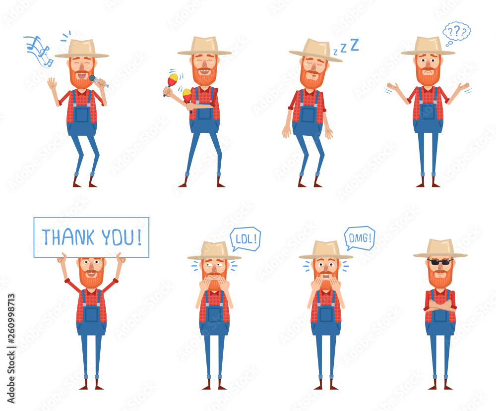 Set of old farmer characters posing in different situations. Cheerful farmer karaoke singing, dancing, sleeping, thinking, laughing, surprised, holding banner. Flat style vector illustration