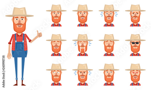 Set of old farmer emoticons. Farmer avatars showing different facial expressions. Happy, sad, cry, laugh, smile, angry, confused, surprised, in love and other emotions. Simple vector illustration