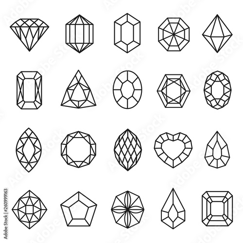 Gemstones lines icon set, geometric rock decoration
