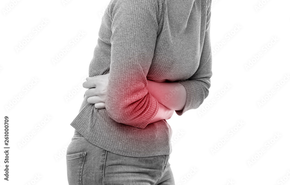 Figure of a woman in pain in the body on a white background.