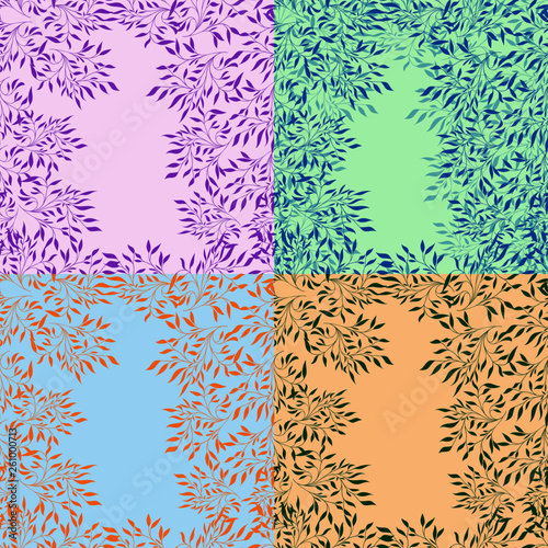 a set of several variants of the plant pattern on different backgrounds Grass of different colors Seamless wallpaper with plants and greens