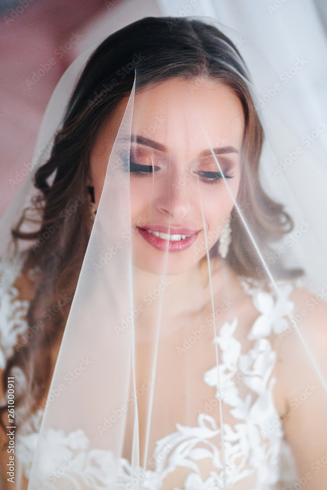 Beautiful bride portrait with veil over her face. Close-up portrait of young gorgeous bride. Wedding. Beautiful bride portrait with veil over her face. Close-up portrait of young gorgeous bride. Wedding.