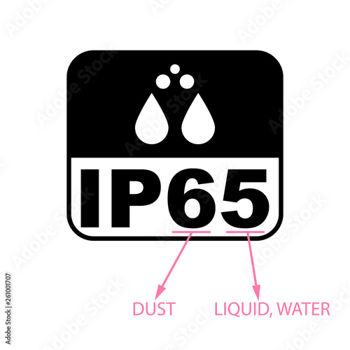 IP65 protection certificate standard icon. Water and dust or solids resistant protected symbol. Vector illustration.