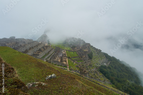 Machu Pichu, Peru, September 2018: Overview of the central urban section of the ancient Inca city of Machu Pichu