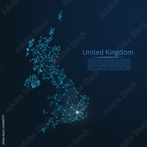 United Kingdom communication network map. Vector low poly image of a global map with lights in the form of cities or population density consisting of points and shapes in the form of stars and space.