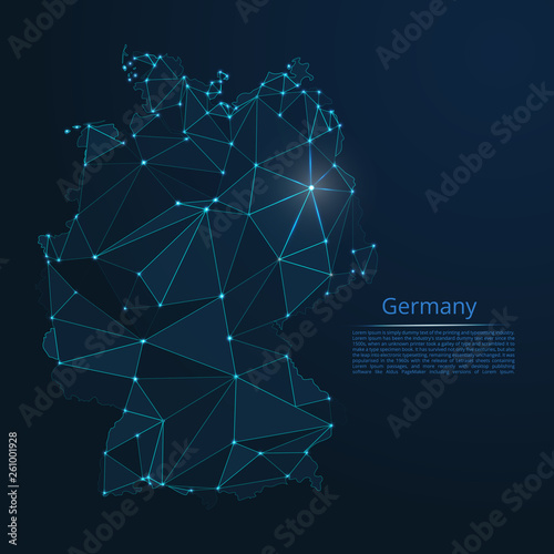 Germany communication network map. Vector low poly image of a global map with lights in the form of cities in or population density consisting of points and shapes in the form of stars and space.
