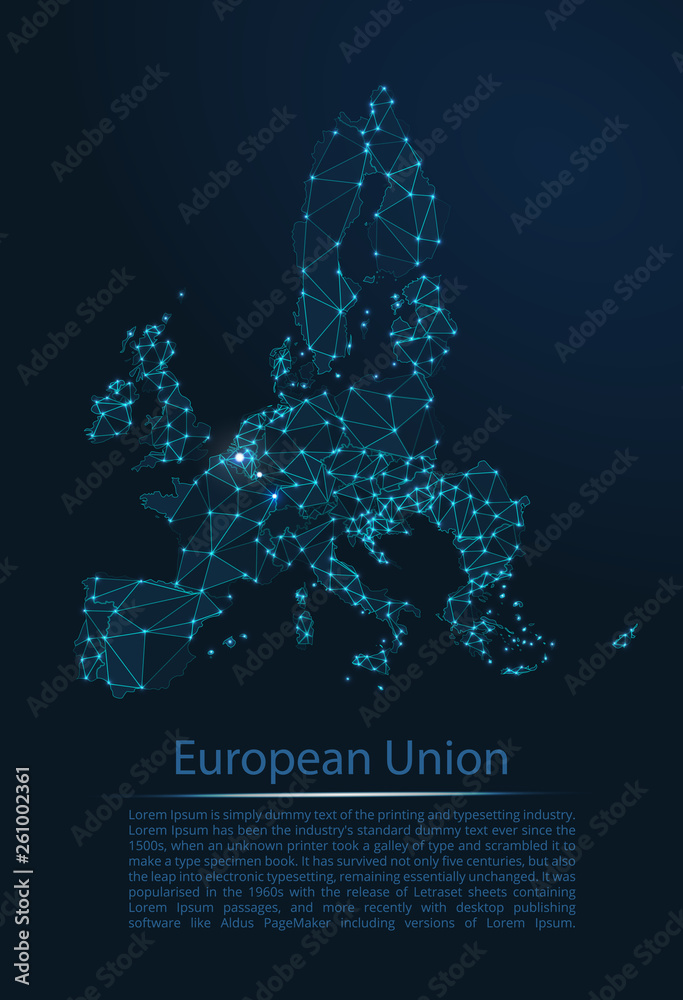 European Union communication network map. Vector low poly image of a global map with lights in the form of cities population density consisting of points and shapes in the form of stars and space. European Union communication network map. Vector low poly image of a global map with lights in the form of cities population density consisting of points and shapes in the form of stars and space.