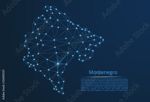 Montenegro communication network map. Vector low poly image of a global map with lights in the form of cities in or population density consisting of points and shapes in the form of stars and space.