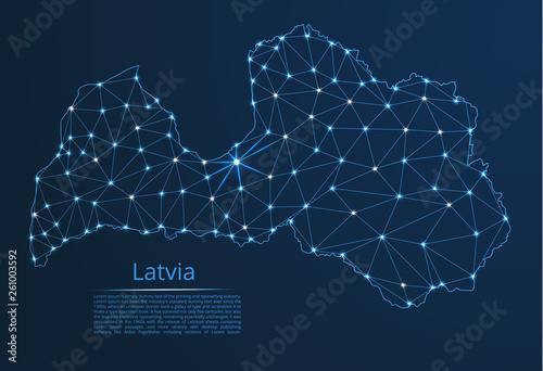 Latvia communication network map. Vector low poly image of a global map with lights in the form of cities in or population density consisting of points and shapes in the form of stars and space.