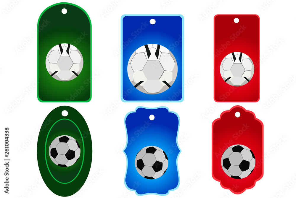 Set of soccer balls, six icons, green, red and blue colors Set of soccer balls, six icons, green, red and blue colors