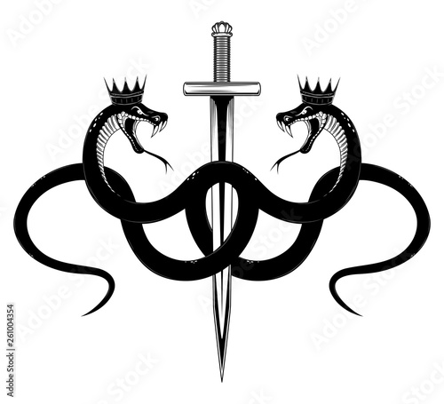 Vector image of a serpent in a crown with a sword. Black and white image on a white background.