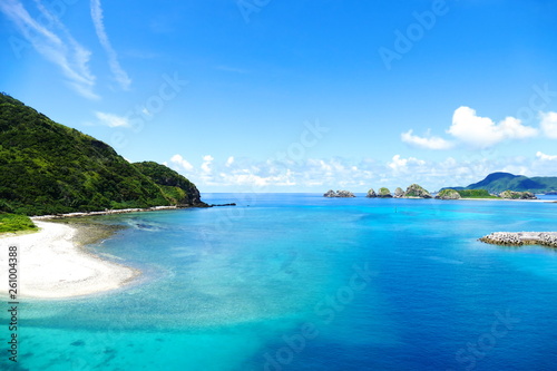 Tropical paradise of white sand, turquoise sea and deep blue sunny sky at Zamami, Okinawa, Japan