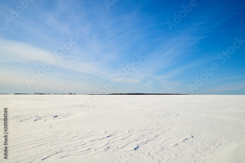 Blue sky with white clouds over white snowy field in winter