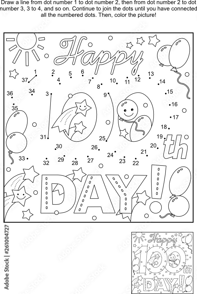 100th day of school learning celebration themed connect the dots picture puzzle and coloring page  - Happy 100th day! - greeting text. Answer included.