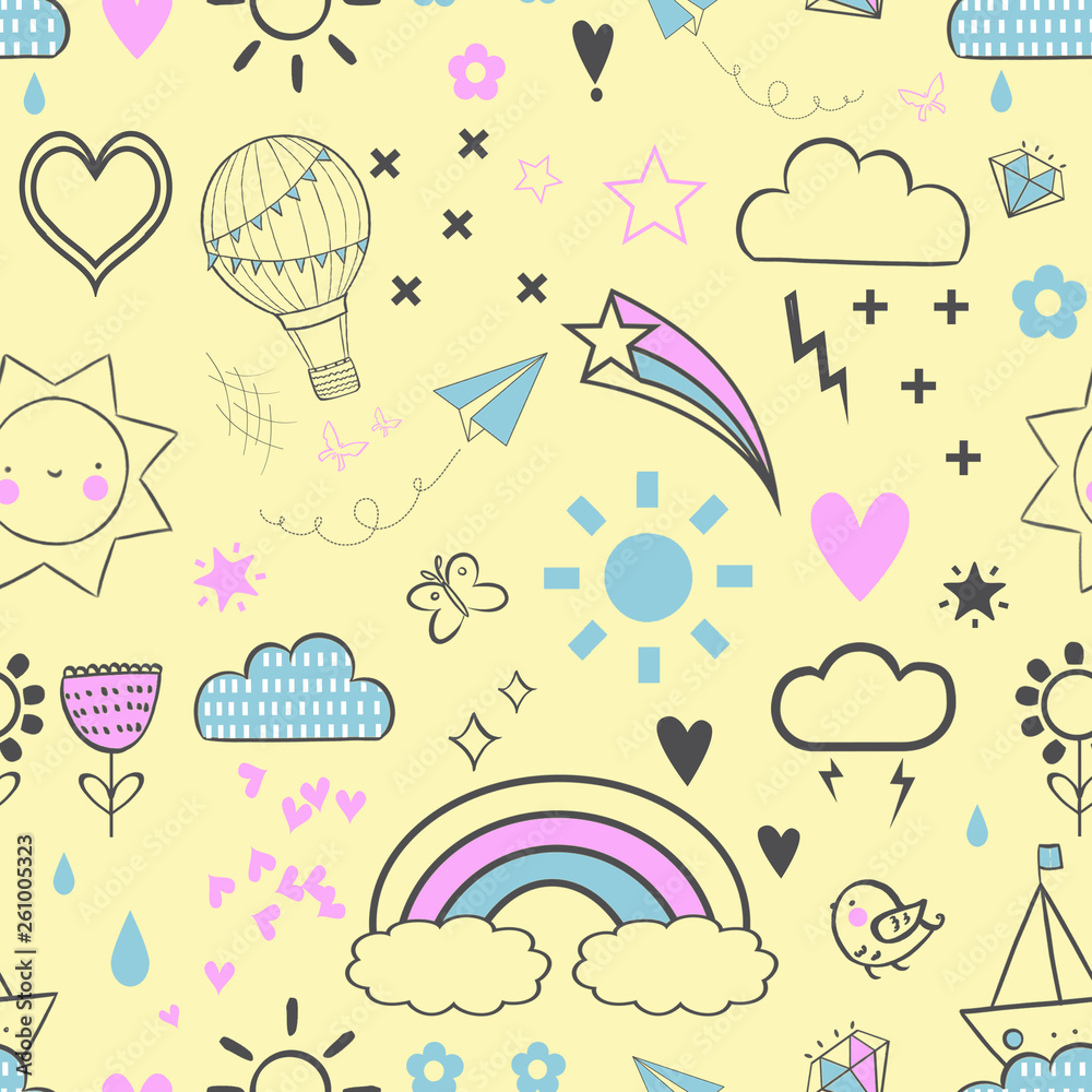 Cute colorful seamless pattern of hand drawn doodle elements on white background. Rainbow, stars, clouds, sun, flower pattern.