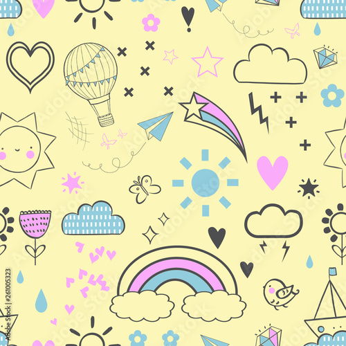 Wallpaper Mural Cute colorful seamless pattern of hand drawn doodle elements on white background. Rainbow, stars, clouds, sun, flower pattern. Torontodigital.ca