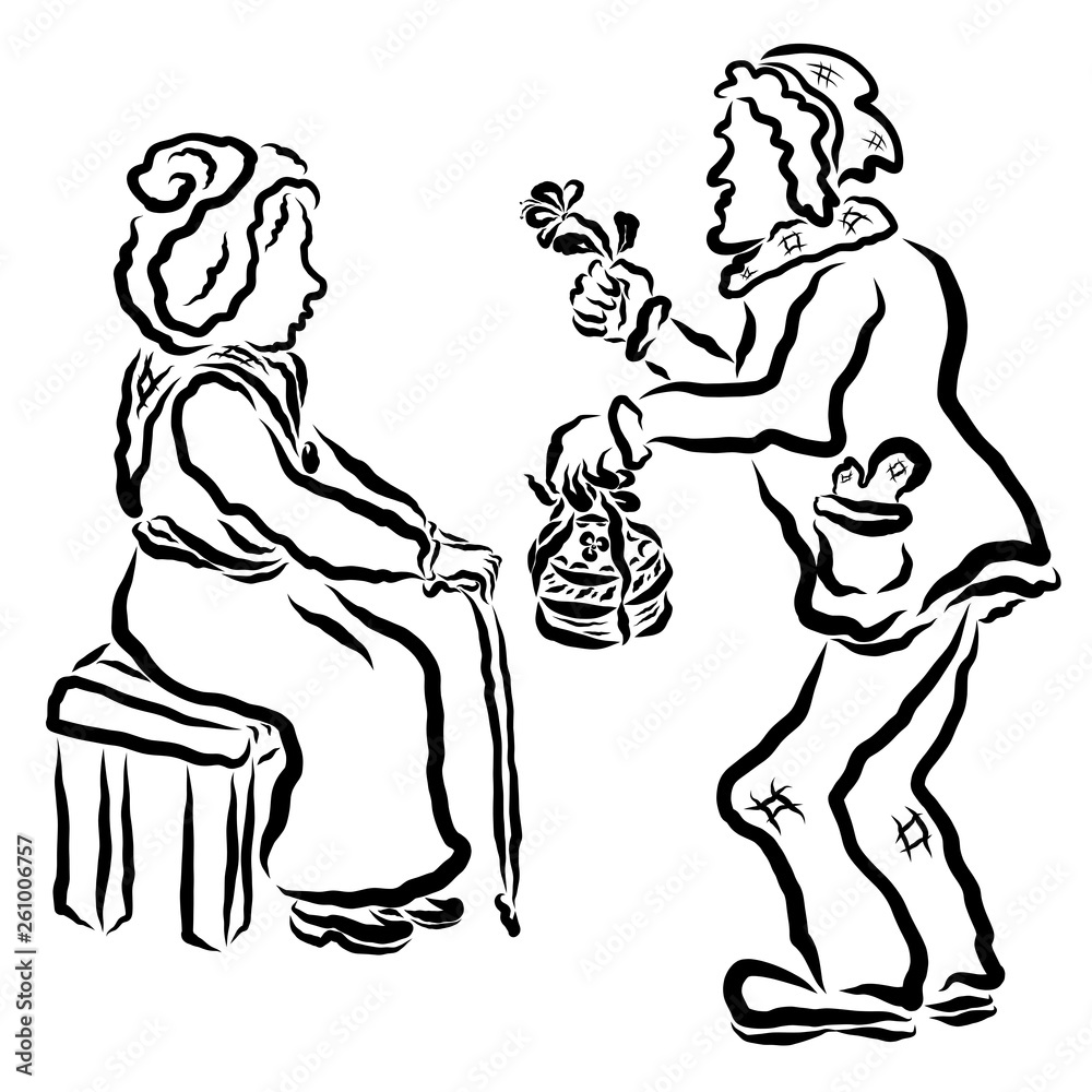 An old man gives an old lady a cake and a flower An old man gives an old lady a cake and a flower