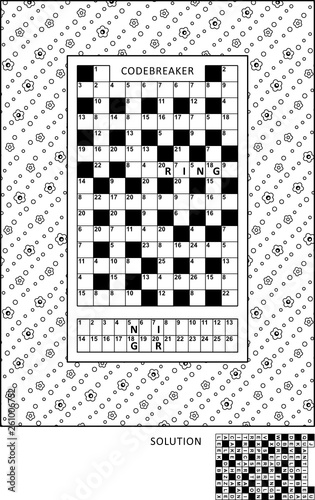 Puzzle and coloring activity page for grown-ups with codebreaker, or codeword, else code cracker word game (English) and wide decorative frame to color. Family friendly. Answer included.