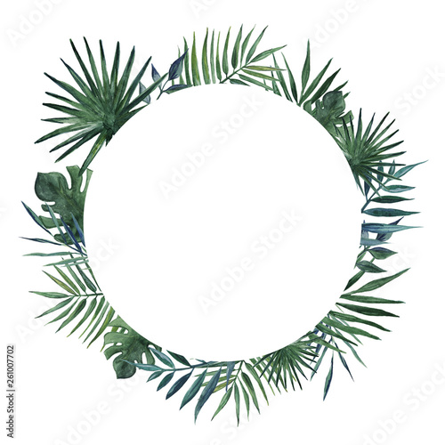 Round frame with palms leaves and monstera leaves.Watercolor illustration.