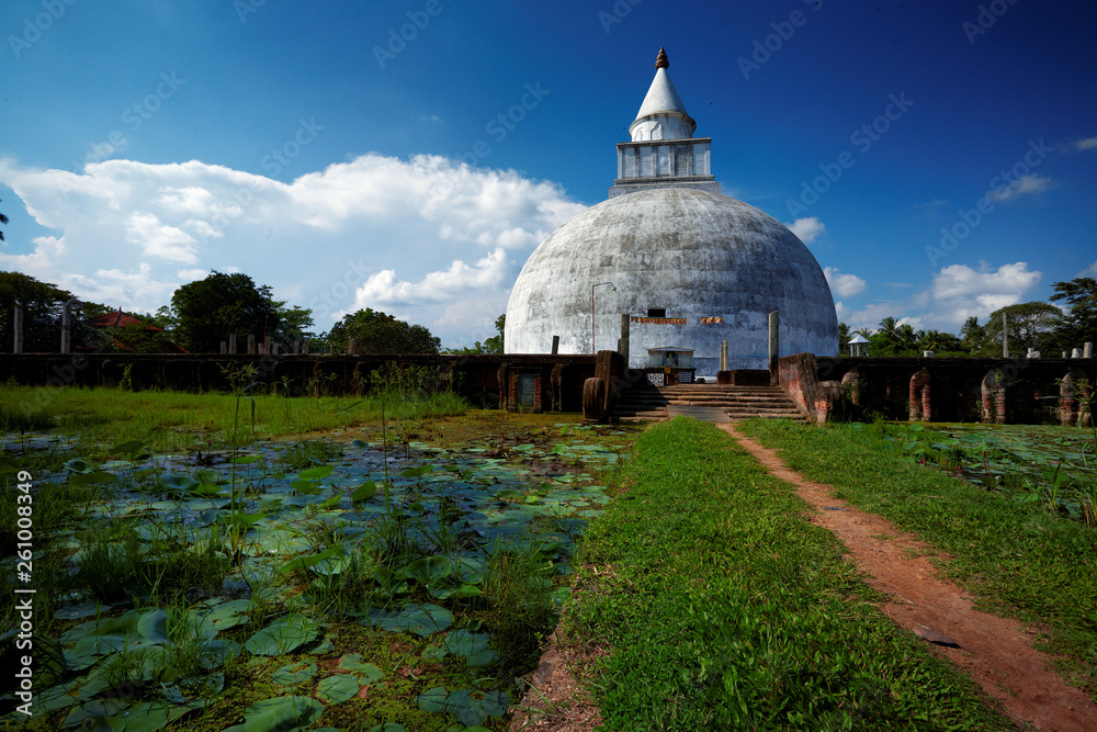 Travel destination. Buddhist Temple, Tissamaharama, Sri Lanka. Path between two ponds covered in water lilies leading to the white temple, blue sky with clouds in background. Tourist hot spot. Travel destination. Buddhist Temple, Tissamaharama, Sri Lanka. Path between two ponds covered in water lilies leading to the white temple, blue sky with clouds in background. Tourist hot spot.