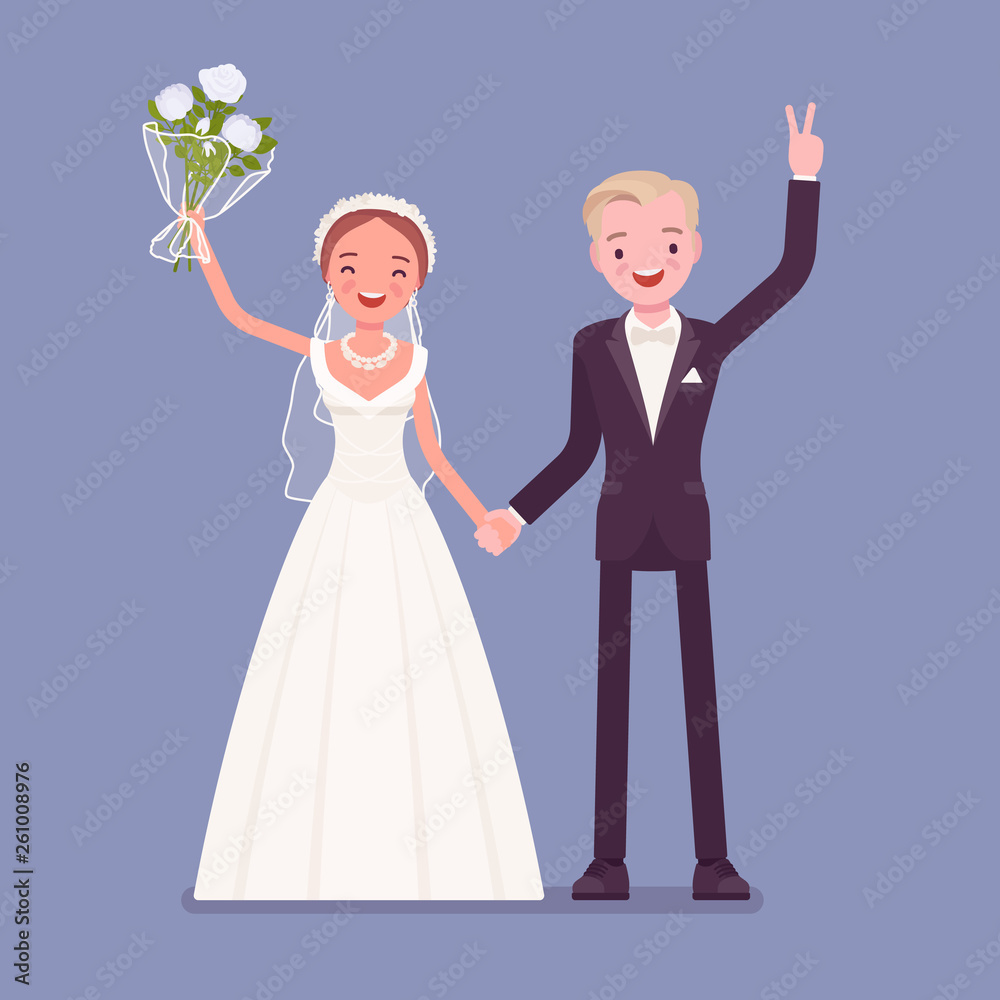 Happy bride and groom on wedding ceremony. Elegant man, woman in a beautiful white dress on traditional celebration, happy married couple in love. Marriage customs and traditions. Vector illustration Happy bride and groom on wedding ceremony. Elegant man, woman in a beautiful white dress on traditional celebration, happy married couple in love. Marriage customs and traditions. Vector illustration