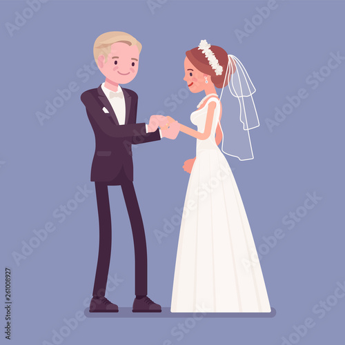 Bride  groom exchange of wedding rings ceremony. Elegant man  woman in a beautiful white dress on traditional celebration  married couple in love. Marriage customs and traditions. Vector illustration