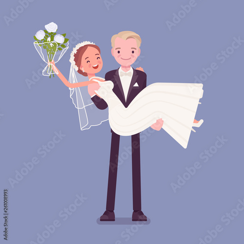 Groom carrying bride on wedding ceremony. Elegant man, woman in a beautiful white dress on traditional celebration, happy married couple in love. Marriage customs and traditions. Vector illustration