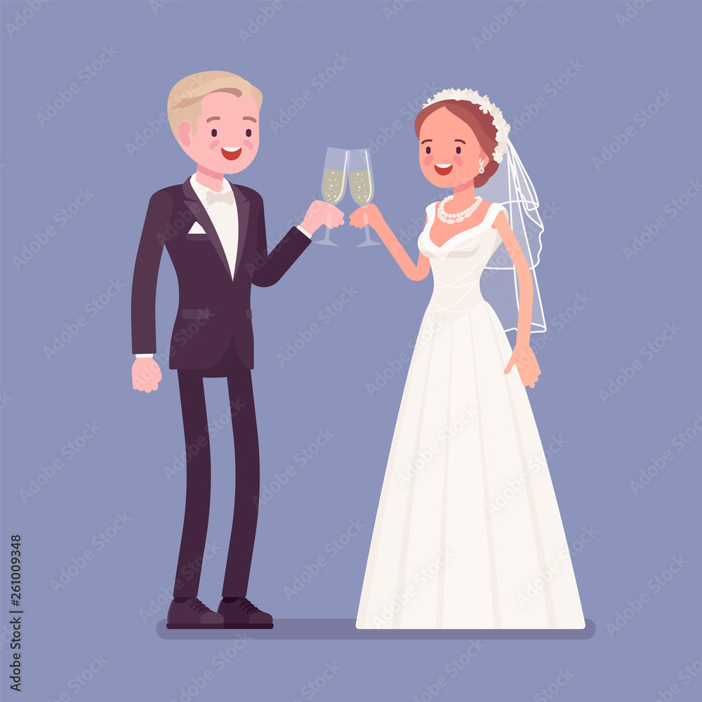 Bride and groom enjoy drinks on wedding ceremony. Elegant man, woman in beautiful white dress on traditional celebration, married couple in love. Marriage customs and traditions. Vector illustration Bride and groom enjoy drinks on wedding ceremony. Elegant man, woman in beautiful white dress on traditional celebration, married couple in love. Marriage customs and traditions. Vector illustration