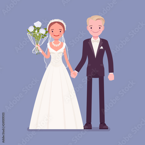 Happy bride, groom holding hands on wedding ceremony. Elegant man, woman in beautiful white dress on traditional celebration, married couple in love. Marriage customs, traditions. Vector illustration