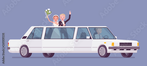 Bride and groom in limousine on wedding ceremony. Elegant man, woman in beautiful dress on traditional celebration, happy married couple in love. Marriage customs and traditions. Vector illustration