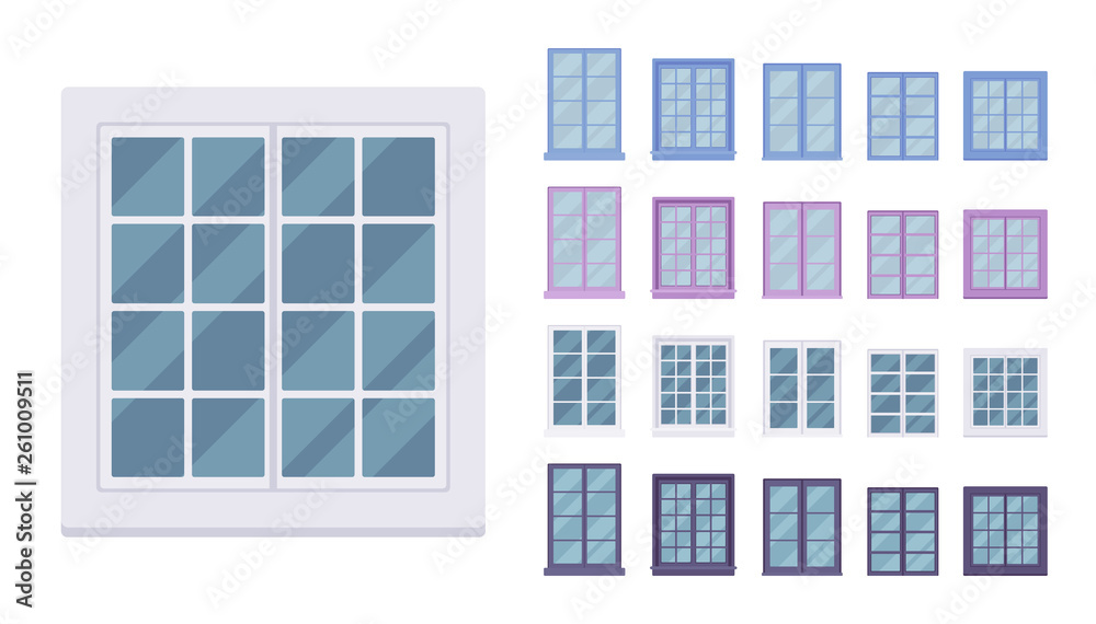 Window for building fitted with glass in a frame. Georgian sash classic set with panes. Home, office design for residential project. Vector flat style cartoon illustration isolated on white background