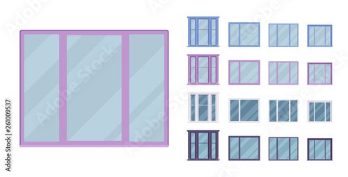 Window for building fitted with glass in a frame. Bay panoramic set with casement. Home and office design for residential project. Vector flat style cartoon illustration isolated on white background