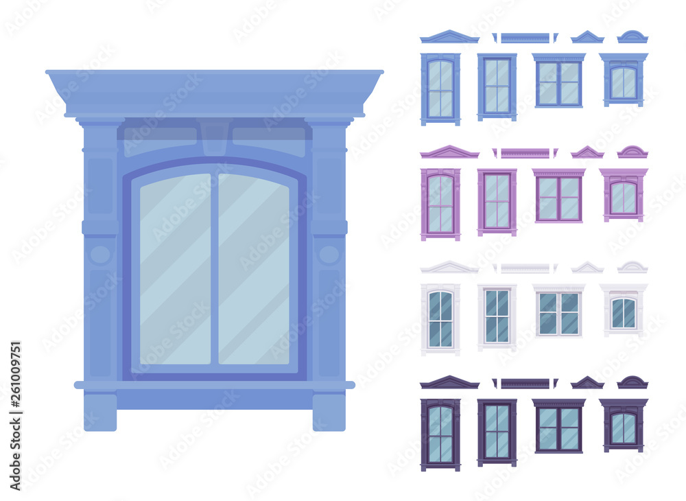 Window for building fitted with glass in frame. Classic ornamented set. Home, office design for residential project and architecture. Vector flat style cartoon illustration isolated, white background Window for building fitted with glass in frame. Classic ornamented set. Home, office design for residential project and architecture. Vector flat style cartoon illustration isolated, white background
