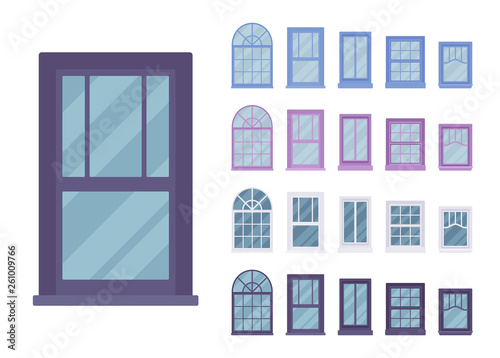 Window for building fitted with glass in a frame. Small architect facade elements. Home and office design for residential project. Vector flat style cartoon illustration isolated on white background