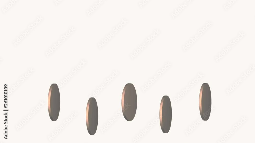 Golden round coins rotating simultaneously on light white background. Foggy background. Copy space. Animation, 3d render. Golden round coins rotating simultaneously on light white background. Foggy background. Copy space. Animation, 3d render.