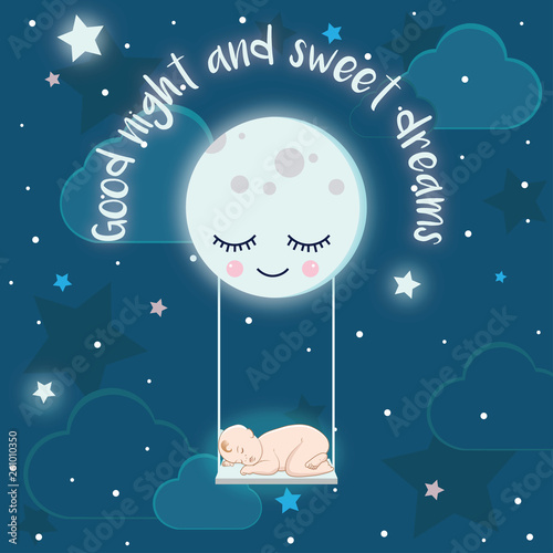 cute moon on the sky keeps a baby sleeping on the swing, good night vector illustration design