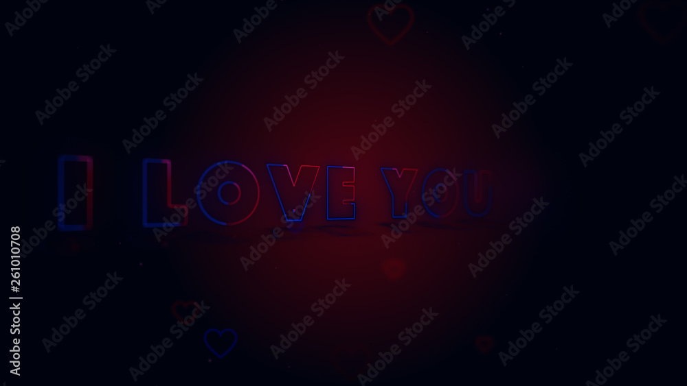 I Love You. Little hearts are on dark background with sparks. Conceptual backgroud. Slightly turned lettering.
