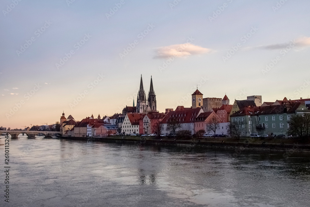  Historic houses, palaces, and churches on the bank of the Danube in the light of sunset.