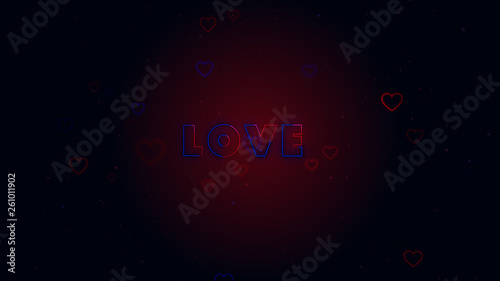 Love is in the air. Little hearts are on dark background with sparks. Conceptual backgroud. Close up.