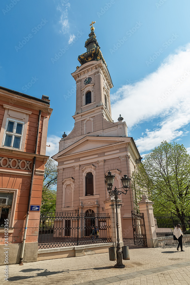Novi Sad, Serbia - April 06, 2019: Orthodox Cathedral Church of the Holy Great-Martyr George (Serbian: Saborni hram Svetog velikomučenika Georgija). church was completed in 1905, on the ruins of 1734.