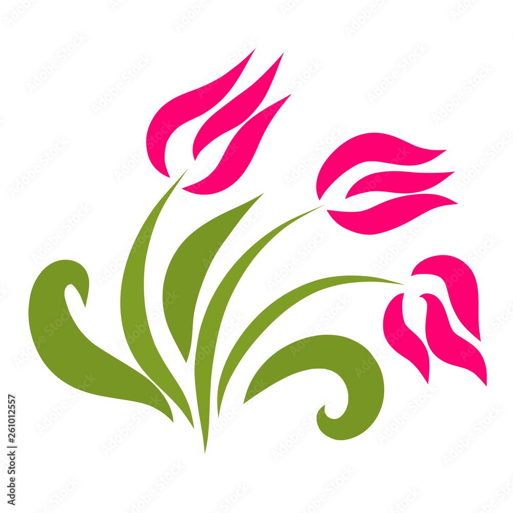 three pink flowers with green leaves, elegant bouquet three pink flowers with green leaves, elegant bouquet