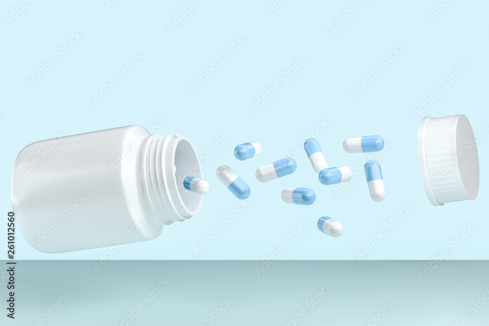 3d rendering, white medicine bottle with capsules 3d rendering, white medicine bottle with capsules