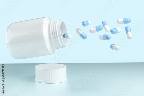 Fototapeta Naklejka Na Ścianę i Meble -  3d rendering, white medicine bottle with capsules